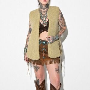 70s Vintage Side Lace Wool Vest Women M Cream Marled Boho Western Stobi Denmark